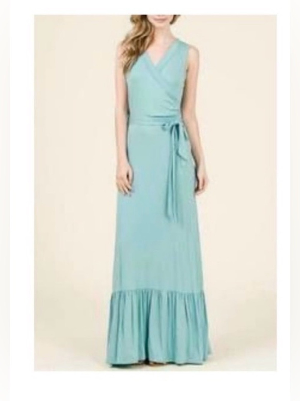 🆕7th Ray Sleeveless Belted Maxi In Nile Blue Gown with Ruffled Tiered Dress M🆕